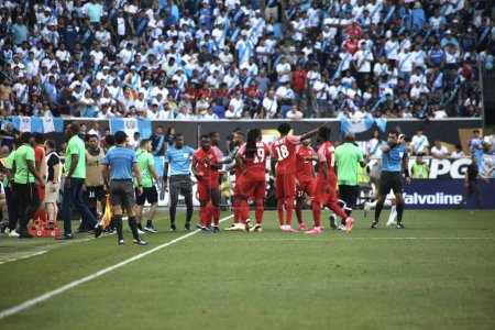 Photo for (SPO) Concacaf Gold Cup: Guadalupe vs Guatemala. July 04, 2023, Harrison, New Jersey, USA: Ange-Freddy Plumain scored second goal of Guadalupe by penalty during soccer match against Guatemala valid for the 3rd round of the Concacaf Gold Cup - Royalty Free Image
