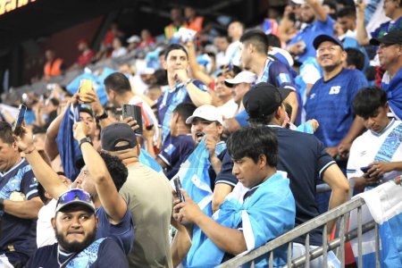 Photo for (SPO) Guatemala Players celebrate their victory over Guadeloupe during Concacaf Gold Cup. July 04, 2023, Harison, New Jersey, USA: Soccer match between Guadaloupe and Guatemala valid for the 3rd round of the Concacaf Gold Cup, at the Red Bull Arena - Royalty Free Image