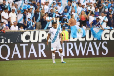 Photo for (SPO) Concacaf Gold Cup: soccer match between Guadeloupe and Guatemala. July 4, 2023, Harison, New Jersey, USA: Carlos Mejia, from Guatemala, celebrates his goal against Guadalupe, and the third for Guatemala to qualify for the next stage - Royalty Free Image