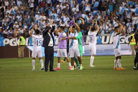 Photo for (SPO) Guatemala Players celebrate their victory over Guadeloupe during Concacaf Gold Cup. July 04, 2023, Harison, New Jersey, USA: Soccer match between Guadeloupe and Guatemala valid for the 3rd round of the Concacaf Gold Cup, at the Red Bull Arena - Royalty Free Image