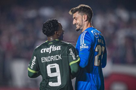 Photo for SAO PAULO (SP), 07/05/2023 - COPA DO BRASIL/SAO PAULO X PALMEIRAS - Endrick and Rafael during the match between Sao Paulo and Palmeiras, valid for the first leg of the quarterfinals of the 2023 Copa do Brasil soccer, held at the Cicero Pompeu - Royalty Free Image