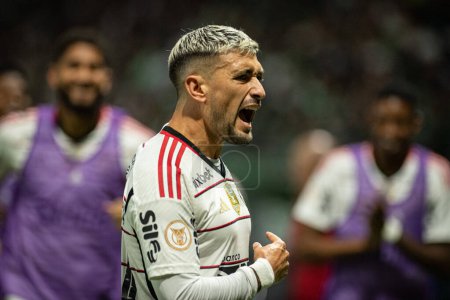 Photo for Sao Paulo (SP), 07/08/2023 - BRAZILIAN / PALMEIRAS X FLAMENGO - De Arrascaeta celebrates his goal in a match between Palmeiras and Flamengo, valid for the 14th round of the Brazilian Football Championship, held at Allianz Parque - Royalty Free Image