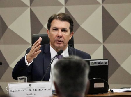 Photo for Brasilia (DF), 07/11/2023 - POLITICA/CPMI/JANUARY 8 - Federal Deputy and President of CPMI Arthur Oliveira Maia (UNIAO-BA) at the Joint Parliamentary Commission of Inquiry into the Acts of January 8,2023, 8th Meeting, Statement by Mauro Cesar Barbosa - Royalty Free Image