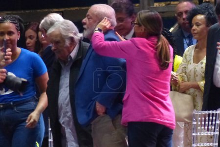 Photo for (INT) Lula & Mujica attend 59th UNE Congress. July 13, 2023, Brasilia, Federal District, Brazil: Brazilian President Luiz Inacio Lula da Silva and former President of Uruguay Jose Pepe Mujica attend the 59th Congress of the National Union of Students - Royalty Free Image