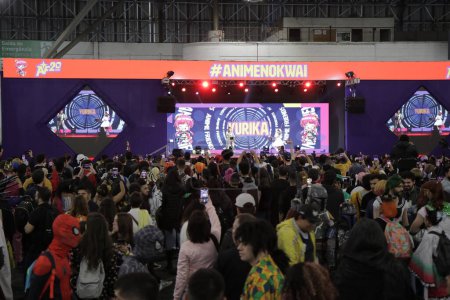 Téléchargez les photos : Mouvement Anime Frinds 20 ans. 15 juillet 2023. Sao Paulo, Brésil : Mouvement lors de l'Anime Friends Event qui rassemble les fans de la culture japonaise, les geeks et les cosplayers, ainsi que les attractions nationales et internationales, le samedi (15) - en image libre de droit