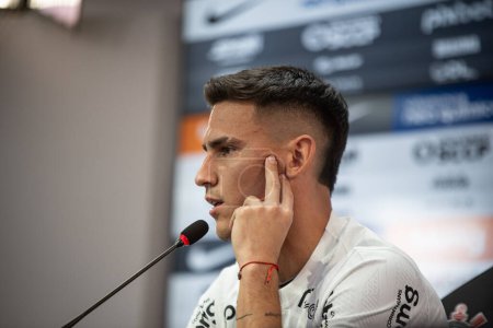 Photo for Sao Paulo (SP), 07/14/2023 - The player Matias Rojas is presented at Corinthians and gives a press conference at CT Joaquim Grava, in Sao Paulo, this Friday afternoon, the 14th of July 2023. Corinthians is prepa - Royalty Free Image