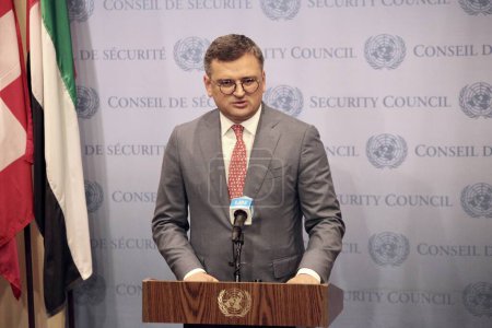 Photo for Press Conference with Mr. Dmytro Kuleba, Minister of Foreign Affairs of Ukraine. July 17, 2023, New York, USA: Press Conference with Mr. Dmytro Kuleba, Minister of Foreign Affairs of Ukraine at the United Nations - Royalty Free Image