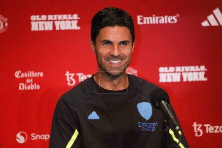 Photo for Press Conference with Arsenal Team at MetLife Stadium. July 21, 2023, New Jersey, USA: Press Conference with the Arsenal Team at MetLife Stadium with the presence of Coach Mikel Arteta and player Oleksandr Zinchenko, before Champions Tour - Royalty Free Image