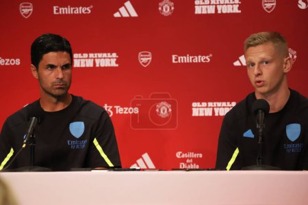 Photo for Press Conference with Arsenal Team at MetLife Stadium. July 21, 2023, New Jersey, USA: Press Conference with the Arsenal Team at MetLife Stadium with the presence of Coach Mikel Arteta and player Oleksandr Zinchenko, before Champions Tour - Royalty Free Image