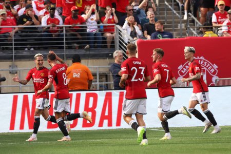Photo for Champions Tour: Manchester United vs Arsenal. July 22, 2023, East Rutherford, New Jersey, USA: Bruno Fernandes of Manchester scores and celebrates his goal, Old Rivals matchup between English Premier giants Manchester United and Arsenal - Royalty Free Image