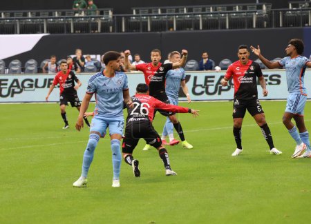 Photo for Leagues Cup: New York City FC vs Atlas FC. July 23, 2023. New York, USA: Aldo Rocha of Atlas FC celebrates his goal during Leagues Cup soccer match between New York City FC and Atlas FC, at Citi Field in Queens, on sunday (23). - Royalty Free Image