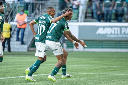 Photo for Sao Paulo (SP), Brazil 07/22/2023 - Richard Rios, from Palmeoras, celebrates his goal in a match between Palmeiras and Fortaleza, valid for round 16 of the 2023 Brazilian Football Championship, held at Allianz Parque - Royalty Free Image