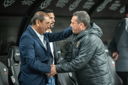 Photo for Sao Paulo (SP), Brazil 07/29/2023 - Coaches Ramon Diaz (left) and Vanderlei Luxembrugo shake hands before the match between Corinthians and Vasco da Gama, valid for the 17th round of the 2023 Brazilian Football Championship - Royalty Free Image