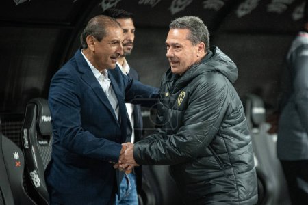 Photo for Sao Paulo (SP), Brazil 07/29/2023 - Coaches Ramon Diaz (left) and Vanderlei Luxembrugo shake hands before the match between Corinthians and Vasco da Gama, valid for the 17th round of the 2023 Brazilian Football Championship - Royalty Free Image