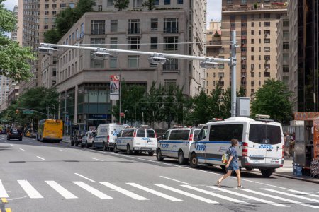 Photo for New Congestion Pricing Toll Readers. July 30, 2023, New York, New York, USA: Newly installed Congestion pricing plate readers and EZ-Pass scanners are seen on Broadway and 61st Street in Manhattan on July 30, 2023 in New York City. - Royalty Free Image