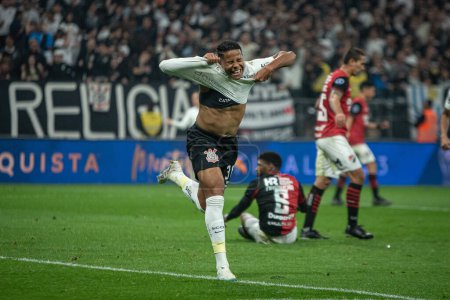 Photo for Sao Paulo (SP), Brazil 08/01/2023 - Wesley, from Corinthians, celebrates his goal in a match between Corinthians and Newell's Old Boys - Royalty Free Image