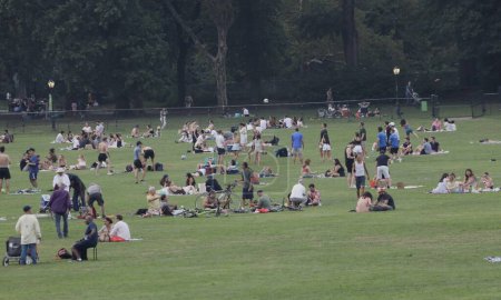 Téléchargez les photos : New Yorkers Crowd Central Park Grande pelouse. 05 août 2023, New York, USA : La Grande Pelouse de Central Park est vue bondée avec des New-Yorkais et d'autres par un samedi ensoleillé (05) tout en profitant du beau temps, pique-niquant, pratiquant le sport - en image libre de droit