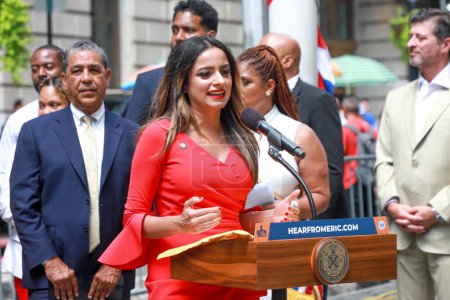 Photo for Mayor Adams delivers Remarks at Dominican Republic Flag Raising Ceremony. August 11, 2023, New York, USA: The Mayor of New York City, Eric Adams, delivers remarks at Flag-Raising Ceremony for Dominican Republic at Bowling Green Park Whitehall - Royalty Free Image