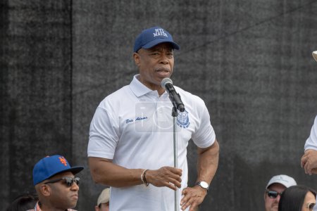 Photo for Hong Kong Dragon Boat Festival in New York (HKDBF-NY). August 12, 2023, New York, New York, USA:New York City Mayor Eric Adams speaks during the 31st Hong Kong Dragon Boat Festival in New York (HKDBF-NY) at Flushing Meadows Corona Park - Royalty Free Image