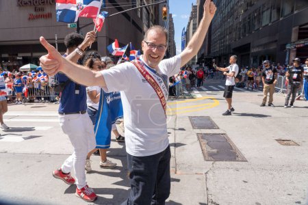 Photo for 41st National Dominican Day Parade 2023. August 13, 2023, New York, New York, USA: Manhattan Borough President Mark Levine marches up 6th Avenue at the Dominican Day Parade on 6th Avenue on August 13, 2023 in New York City. - Royalty Free Image