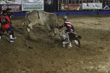 Photo for 51st Efapi Expo 2023 Rodeio. August 17, 2023, Santo Antonio da Platina, Parana, Brazil: Riding bulls within the schedule of the 51st EFAPI Expo2023 on Thursday (17) night. - Royalty Free Image