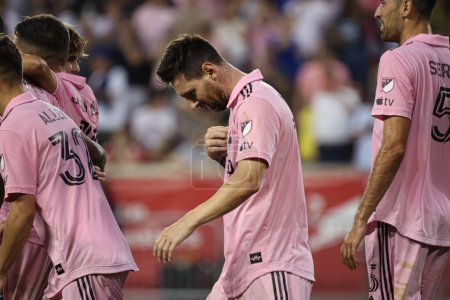 Photo for 2023 MLS Regular Season: NY Red Bulls vs Inter Miami. August 26, 2023. Harrison, New Jersey, USA: Lionel Messi (Inter Miami) celebrates his goal during soccer match between NY Red Bulls and Inter Miami, valid for Major League Soccer (MLS) - Royalty Free Image