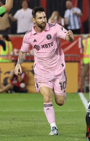 Photo for 2023 MLS Regular Season: NY Red Bulls vs Inter Miami. August 26, 2023. Harrison, New Jersey, USA: Lionel Messi (Inter Miami) celebrates his goal during soccer match between NY Red Bulls and Inter Miami, valid for Major League Soccer (MLS) - Royalty Free Image