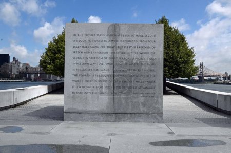 Photo for The Roosevelt Hope Memorial on Roosevelt in Queens. August 30, 2023, Queens , New New York, USA: The Franklin D. Roosevelt Four Freedoms Park is a four acre memorial to Franklin D. Roosevelt that celebrates the Four Freedoms he articulated - Royalty Free Image