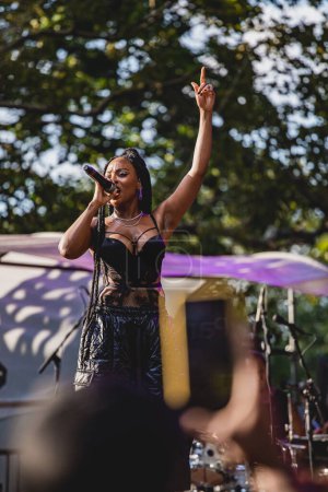 Photo for New York, USA - September 03, 2023: Goyo performing at Summer stage in Central Park. Gloria Goyo Martinez the singer, producer, and co-founder of ChocQuibTown, the groundbreaking Colombian band that fuses salsa, jazz, hip-hop, and reggae - Royalty Free Image