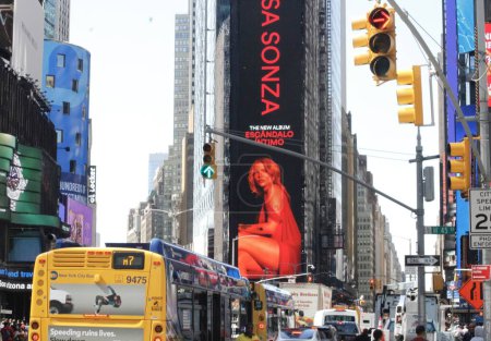 Photo for New York, USA - September 02, 2023: Brazilian singer Luisa Sonza's new album on Spotify "Escandalo Intimo" ' Intimate Scandal' is shown on Times Square Billboard. - Royalty Free Image