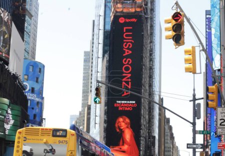 Photo for New York, USA - September 02, 2023: Brazilian singer Luisa Sonza's new album on Spotify "Escandalo Intimo" ' Intimate Scandal' is shown on Times Square Billboard. - Royalty Free Image