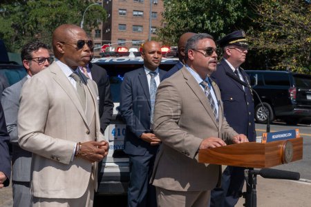 Photo for Mayor Adams Unveils Extensive Strategy To Combat Car Thefts In New York City. September 6, 2023, New York, New York, USA: New York City Police Department (NYPD) Commissioner Edward A. Caban speaks during Mayor Adams - Royalty Free Image