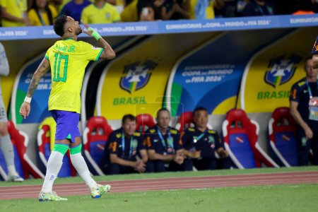 Téléchargez les photos : Belem (PA), 08 / 09 / 2023 Neymar Jr de l'équipe nationale brésilienne marque et célèbre son but dans un match entre le Brésil et la Bolivie, dans le premier tour des qualifications de la Coupe du monde 2026 - en image libre de droit