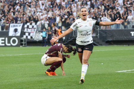 Photo for Sao Paulo (SP), Brazil 09/10/2023 Tamires from Corinthians scores and celebrates her goal in a match between Corinthians and Ferroviaria, valid for the final of the Brazilian Women's Football - Royalty Free Image