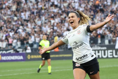 Photo for Sao Paulo (SP), Brazil 09/10/2023  Tamires from Corinthians scores and celebrates her goal in a match between Corinthians and Ferroviaria, valid for the final of the Brazilian Women's Football - Royalty Free Image