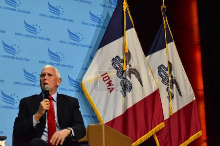 Photo for Iowa Faith and Freedom Coalition's 3rd Annual Fall Banquet in Des Moines. September 16, 2023, Des Moines, Ohio, USA: Presidential candidate and Former US Vice President, Mike Pence courts Iowa evangelicals at the Iowa Faith & Freedom Coalition' - Royalty Free Image