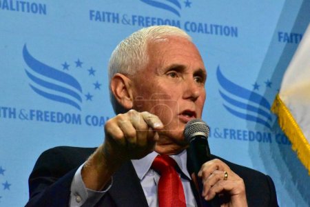 Photo for Iowa Faith and Freedom Coalition's 3rd Annual Fall Banquet in Des Moines. September 16, 2023, Des Moines, Ohio, USA: Presidential candidate and Former US Vice President, Mike Pence courts Iowa evangelicals at the Iowa Faith & Freedom Coalition - Royalty Free Image