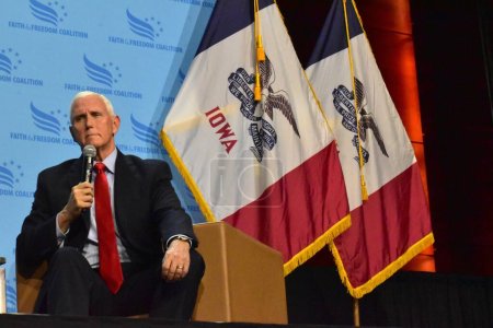 Photo for Iowa Faith and Freedom Coalition's 3rd Annual Fall Banquet in Des Moines. September 16, 2023, Des Moines, Ohio, USA: Presidential candidate and Former US Vice President, Mike Pence courts Iowa evangelicals at the Iowa Faith & Freedom Coalition' - Royalty Free Image