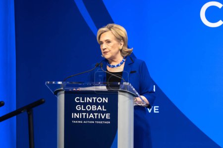 Photo for Clinton Global Initiative 2023 Meeting. September 18, 2023, New York, New York, USA: Former Secretary of State Hillary Clinton speaks during the Clinton Global Initiative (CGI) meeting at the Hilton Midtown on September 18, 2023 in New York - Royalty Free Image
