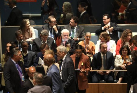 Téléchargez les photos : Lula parle à la 78e Assemblée générale des Nations Unies à New York. 19 septembre 2023, New York, États-Unis : Le président brésilien, Luis Inacio Lula Da Silva, prend la parole à la 78e session de l'Assemblée générale des Nations Unies à New York. L'Assemblée commence aujourd'hui (19) - en image libre de droit