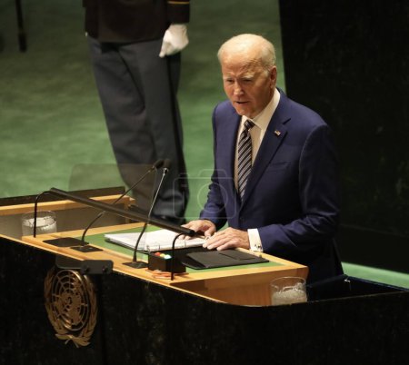 Téléchargez les photos : Biden parle à la 78e Assemblée générale des Nations Unies à New York. 19 septembre 2023, New York, États-Unis : Le président américain Joe Biden prend la parole à la 78e session de l'Assemblée générale des Nations Unies à New York. - en image libre de droit