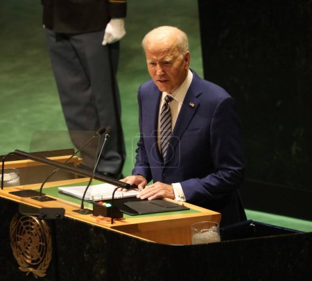 Téléchargez les photos : Biden parle à la 78e Assemblée générale des Nations Unies à New York. 19 septembre 2023, New York, États-Unis : Le président américain Joe Biden prend la parole à la 78e session de l'Assemblée générale des Nations Unies à New York. - en image libre de droit