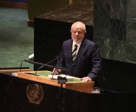 Photo for Lula Speaks at UN 78th GA in New York. September 19, 2023, New York, USA: The Brazilian President, Luis Inacio Lula Da Silva speaks at the 78th session of the United Nations General Assembly in New York with the presence of political dignitarie - Royalty Free Image