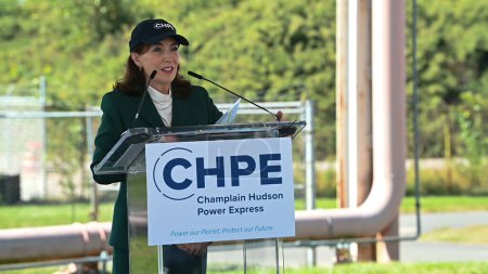 Photo for Gov. Kathy Hochul Makes Clean Energy Announcement. September 19, 2023, New York, New York, USA: New York State Governor Kathy Hochul makes a clean energy announcement at the Con Edison Astoria Yards Complex on September 19, 2023 in New York - Royalty Free Image