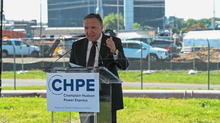 Photo for Gov. Kathy Hochul Makes Clean Energy Announcement. September 19, 2023, New York, New York, USA: Premier of Quebec Francois Legault speaks at the Con Edison Astoria Yards Complex on September 19, 2023 in New York City. - Royalty Free Image