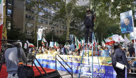Photo for New York Rally For Free Iran. September 19, 2023, New York, USA: Iranians gathered together at Protest Village in front of UN Headquarters, to participate in New York Rally For Free Iran - Royalty Free Image
