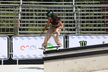 Photo for Sao Paulo (SP), Brazil 09/22/2023  Rayssa Leal in free training for the STU National championship, which returns to perform its tricks this Friday (09/22), now in Sao Paulo , which hosts the Brazilian skate circuit - Royalty Free Image