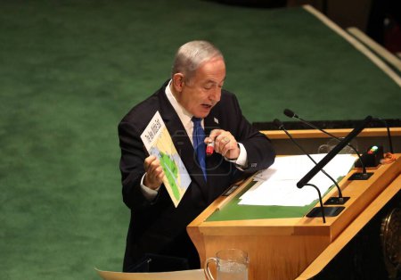 Téléchargez les photos : Benjamin Netanyahu Premier ministre d'Israël, prend la parole à la 78e Assemblée générale des Nations Unies à New York. 22 septembre 2023, New York, États-Unis : Benjamin Netanyahu Premier ministre d'Israël prend la parole à la 78e session de l'Assemblée générale des Nations Unies à New York. - en image libre de droit
