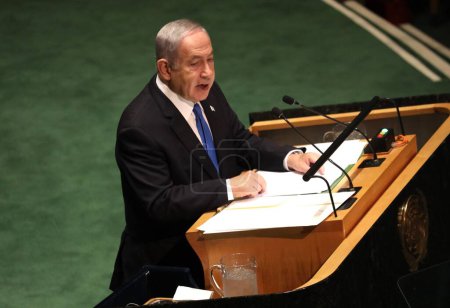 Foto de Benjamin Netanyahu Primer Ministro de Israel, Habla en la 78ª Asamblea General de la ONU en Nueva York. 22 de septiembre de 2023, Nueva York, Estados Unidos: Benjamin Netanyahu Primer Ministro de Israel habla en la 78ª sesión de la Asamblea General de las Naciones Unidas en Nueva York. - Imagen libre de derechos