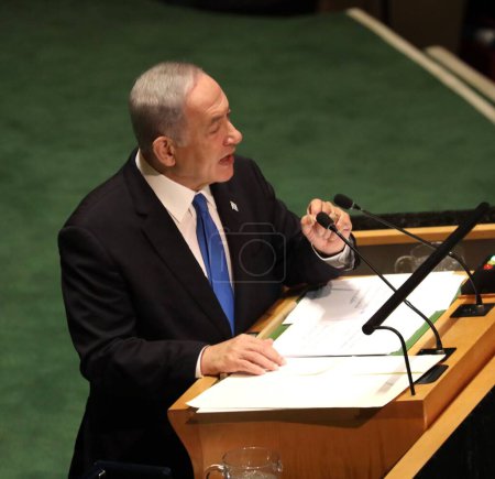 Photo for Benjamin Netanyahu Prime Minister of Israel, Speaks at UN 78th GA in New York. September 22, 2023, New York, USA: Benjamin Netanyahu Prime Minister of Israel speaks at the 78th session of the United Nations General Assembly in New York. - Royalty Free Image